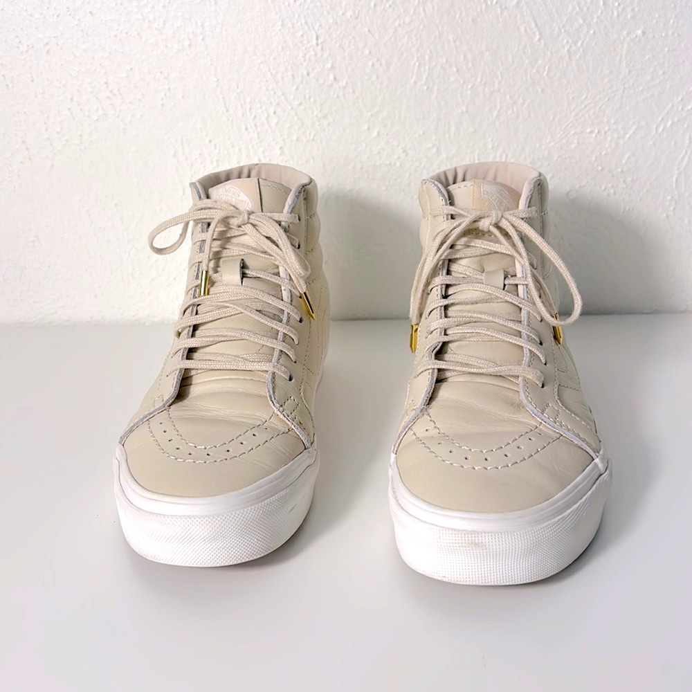Vans Unisex Women’s 6.5 Men’s 5 Tan Nude Leather Sneakers Shoes Hi Top SK-8 - Picture 2 of 7